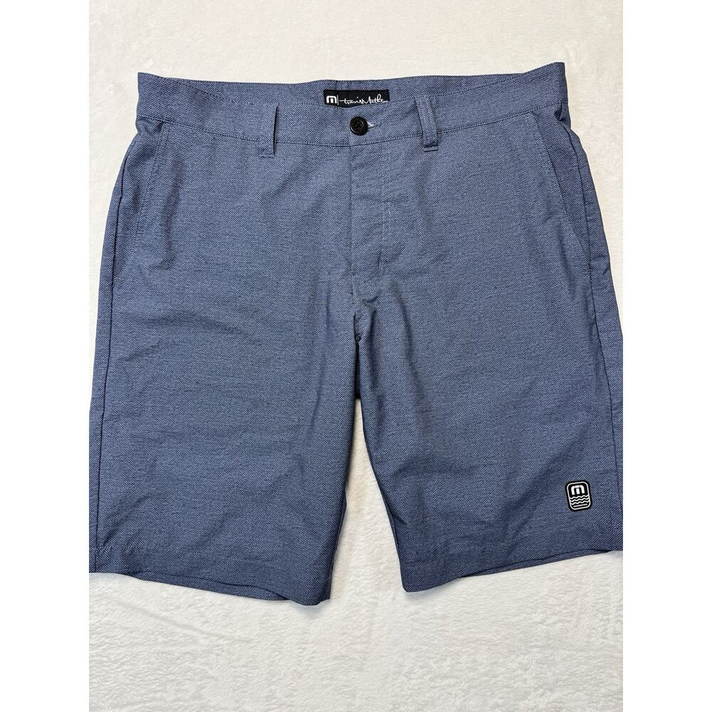 Travis Mathew Flex Shorts Mens 34 Blue Heather Golf Flat Front Athletic Logo